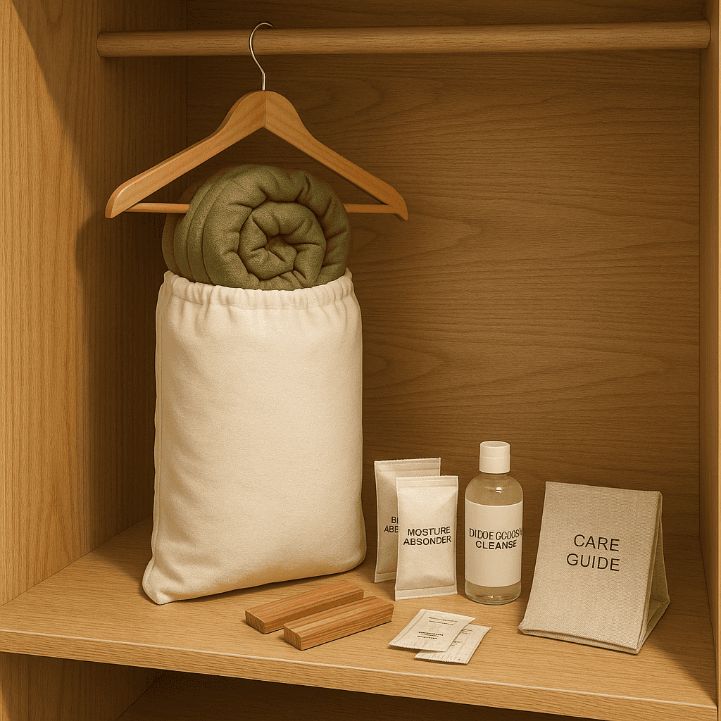 Properly stored eco sleeping bag hanging in a closet with care accessories nearby.