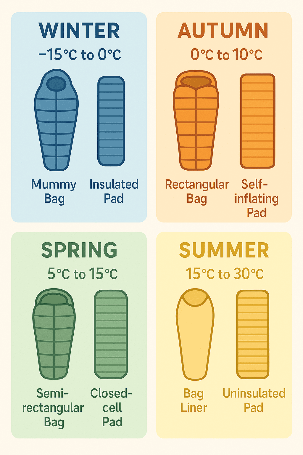 Seasonal comparison chart showing temperature ranges matched with appropriate bagpad combinations