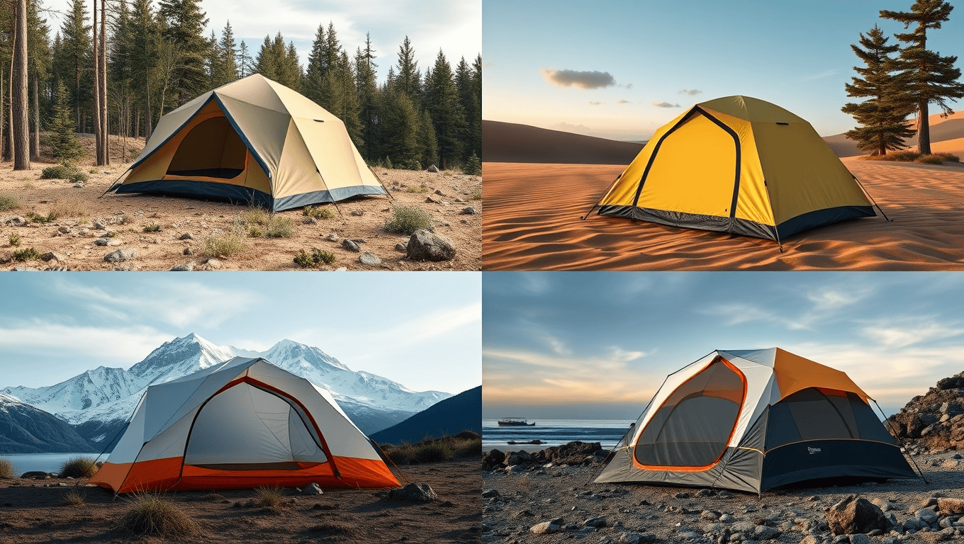 Side-by-side comparison of four different waterproof tents in various environments.