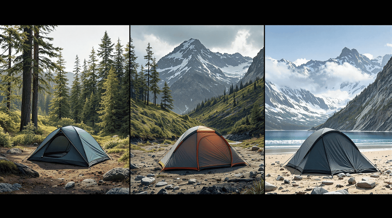 Side-by-side comparison of properly and poorly positioned tents in different terrain types