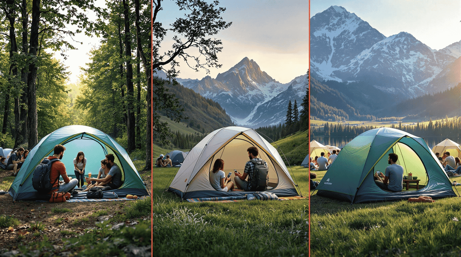 Side-by-side comparison of three different waterproof tents in use by backpackers, families, and festival-goers.