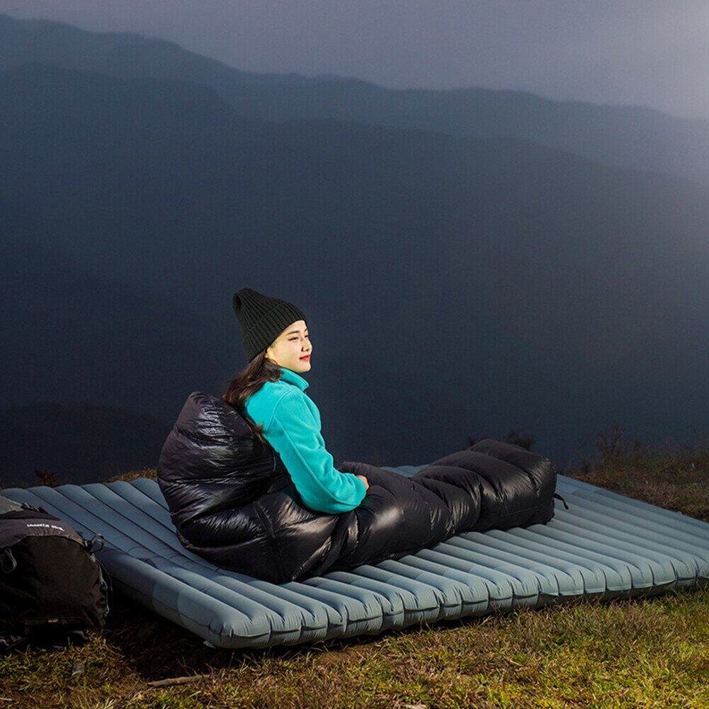 a camper is in a mummy sleeping bag and on a big inflatable sleeping mat