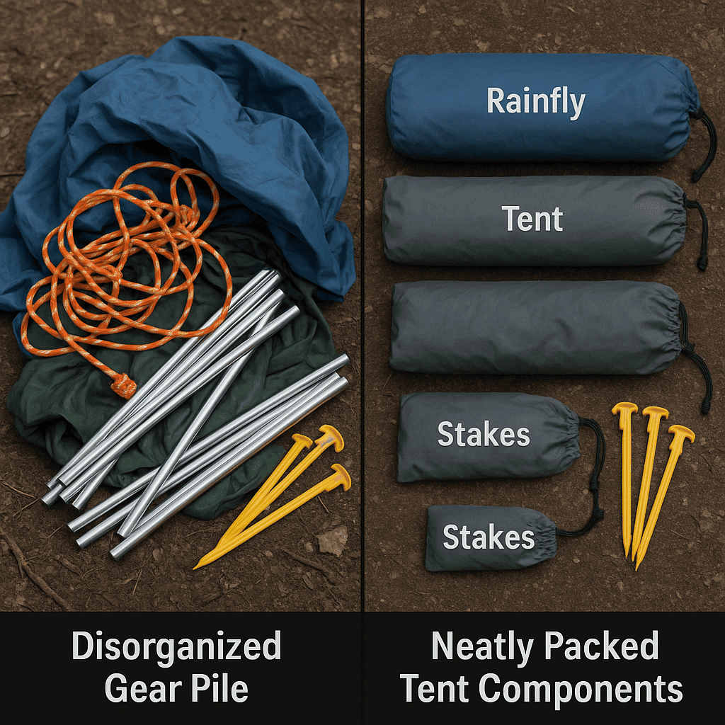 a disorganized gear pile vs. neatly packed tent components with labels