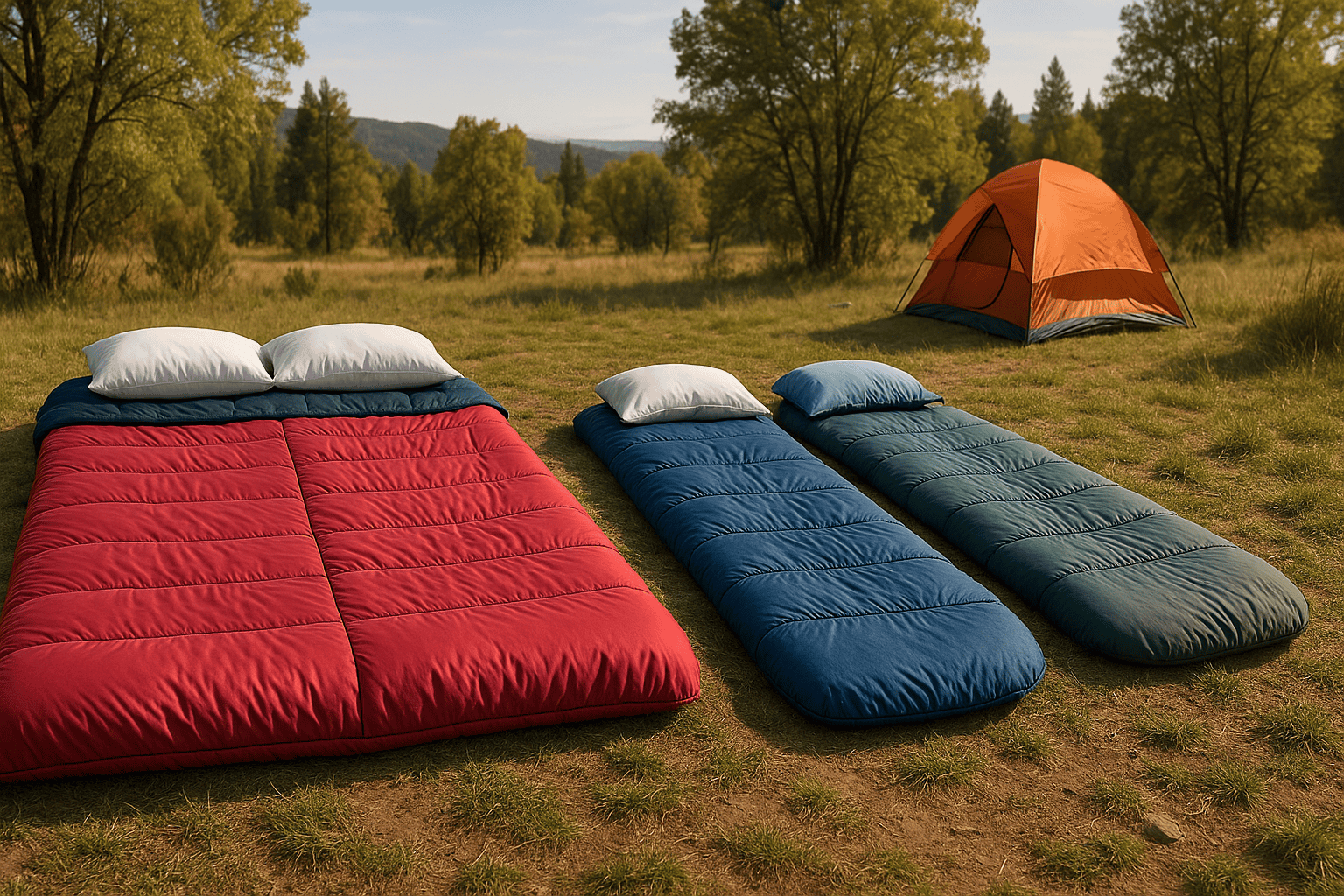a double sleeping bag and two single sleeping bags