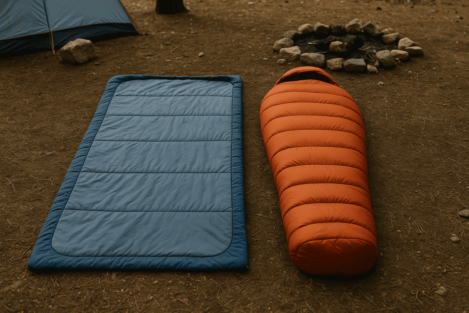 a rectangular sleeping bag next to a mummy bag