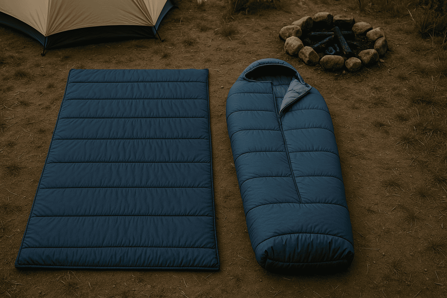 a rectangular sleeping bag unzipped fully and a mummy bag partially unzipped in a campsite setting