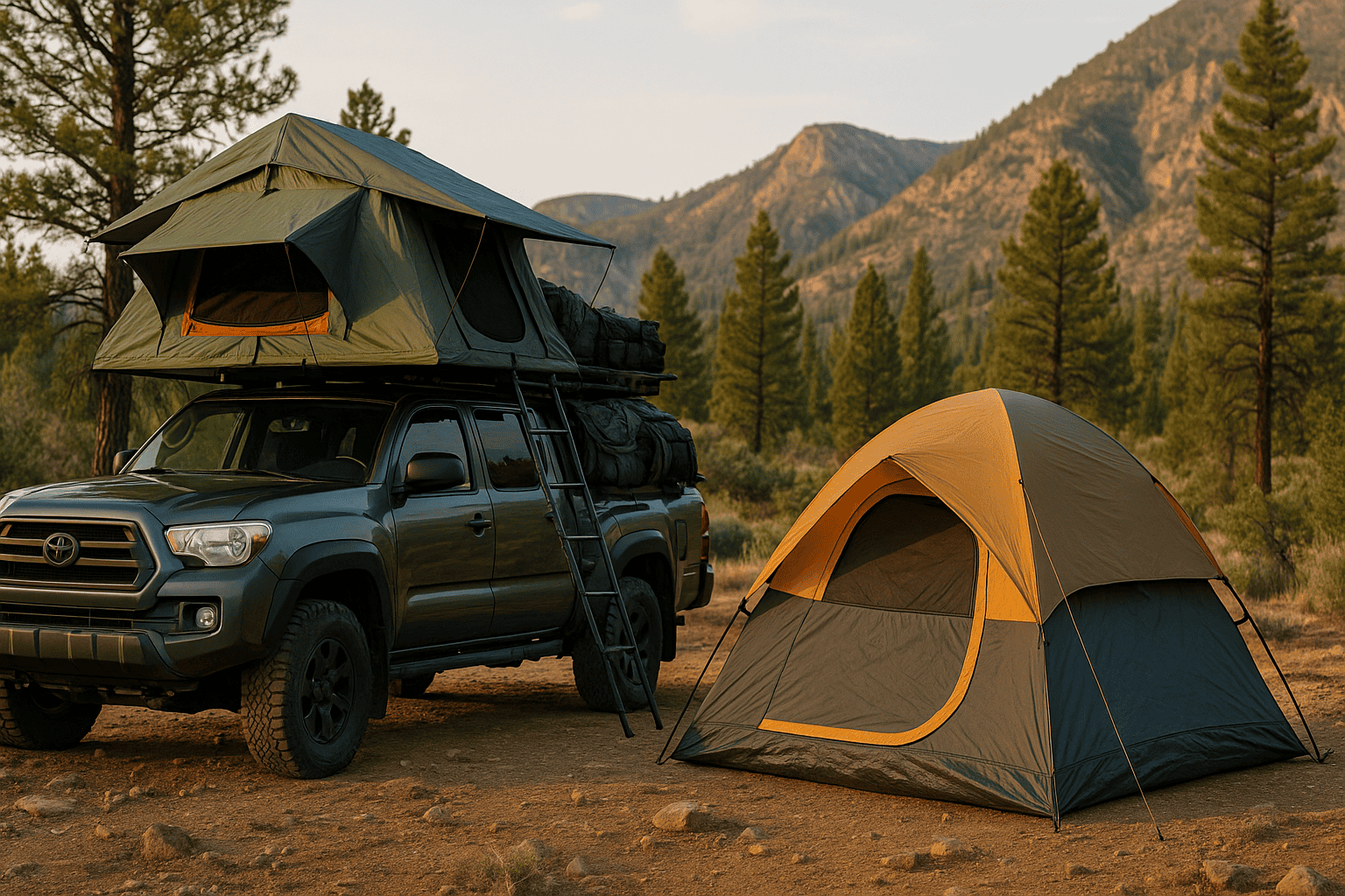a roof top tent and a ground tent in an overlanding setting