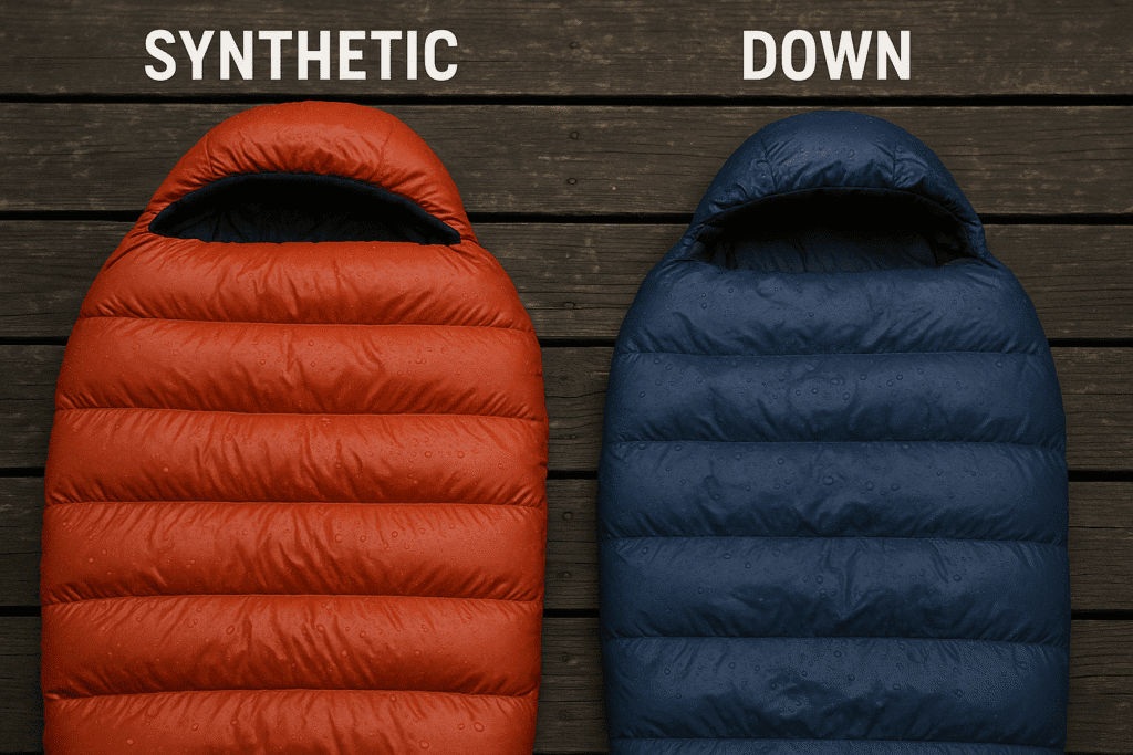 a synthetic sleeping bag (left) and down sleeping bag (right) after being exposed to identical wet conditions
