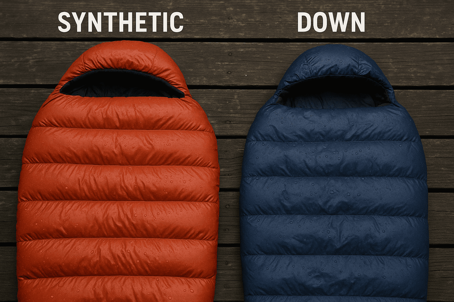 un saco de dormir sintético (izquierda) y un saco de dormir de plumón (derecha) tras ser expuestos a idénticas condiciones de humedad.