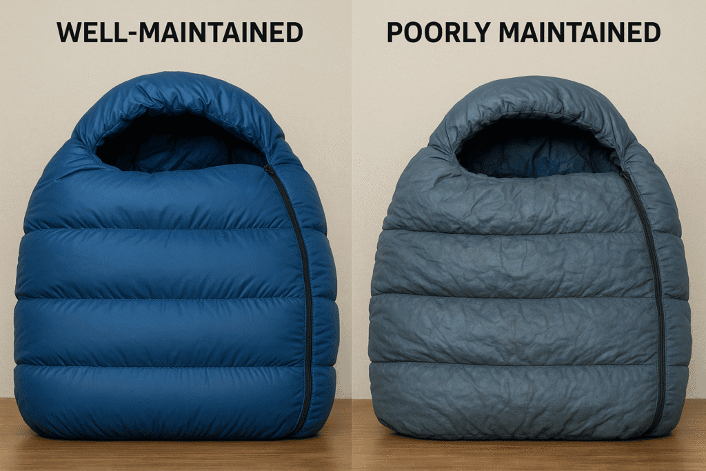 a well-maintained versus poorly maintained synthetic sleeping bag after two years of use in humid conditions.
