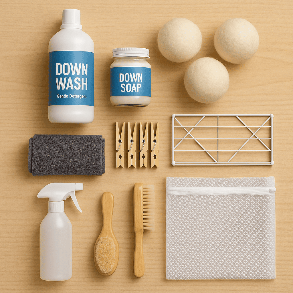 array of proper down sleeping bag cleaning supplies laid out neatly