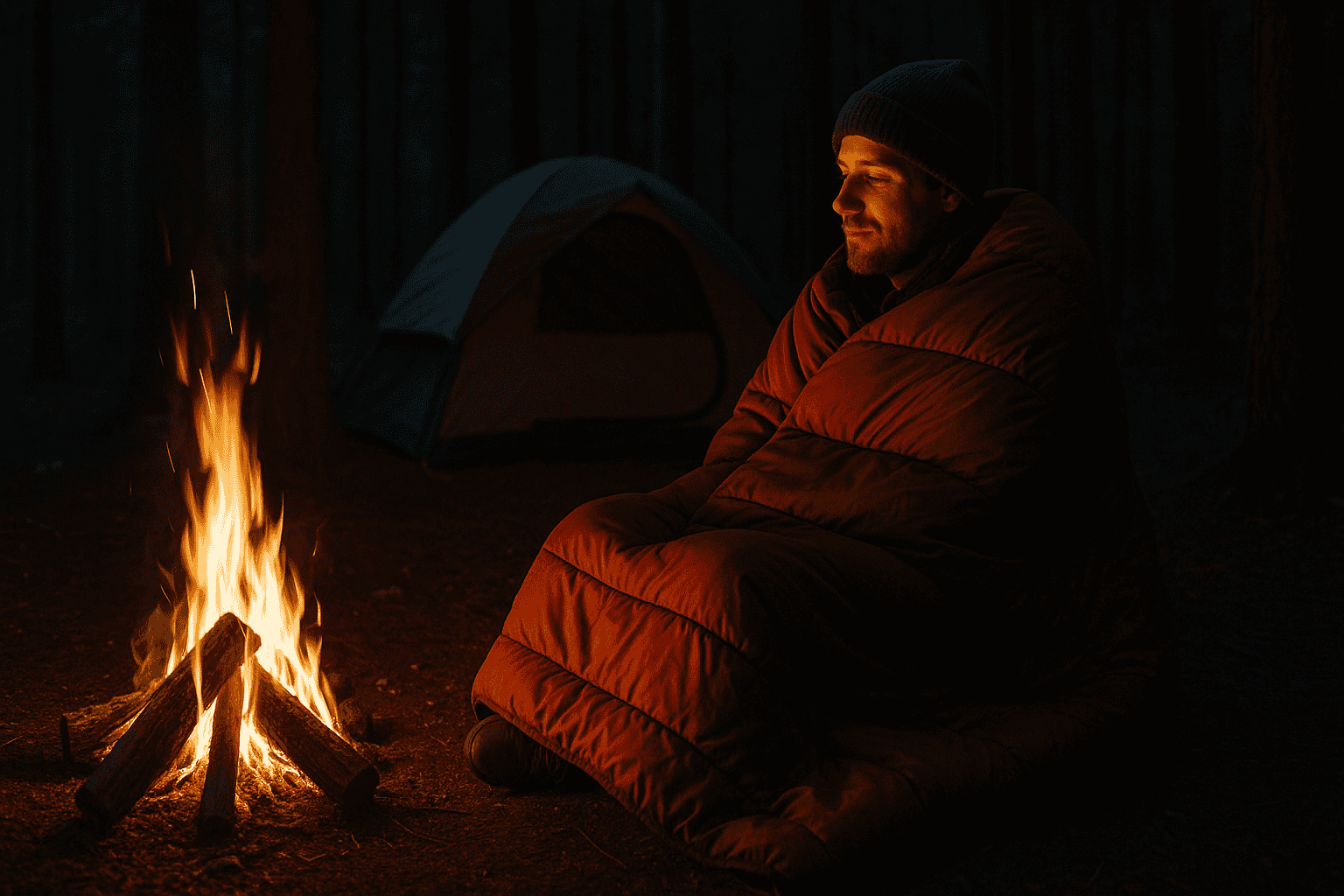 camper-using-sleeping-bag-as-blanket-by-fire 1