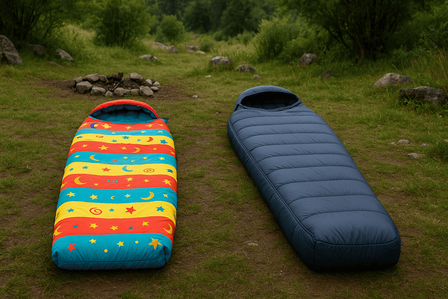 Close-up detail shots of safety features on a kids' sleeping bag with callouts highlighting flame-resistant tags, protected zippers, and breathable fabric zones