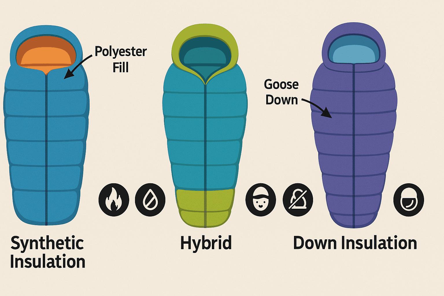 comparison of different kids sleeping bags showing insulation types and safety features