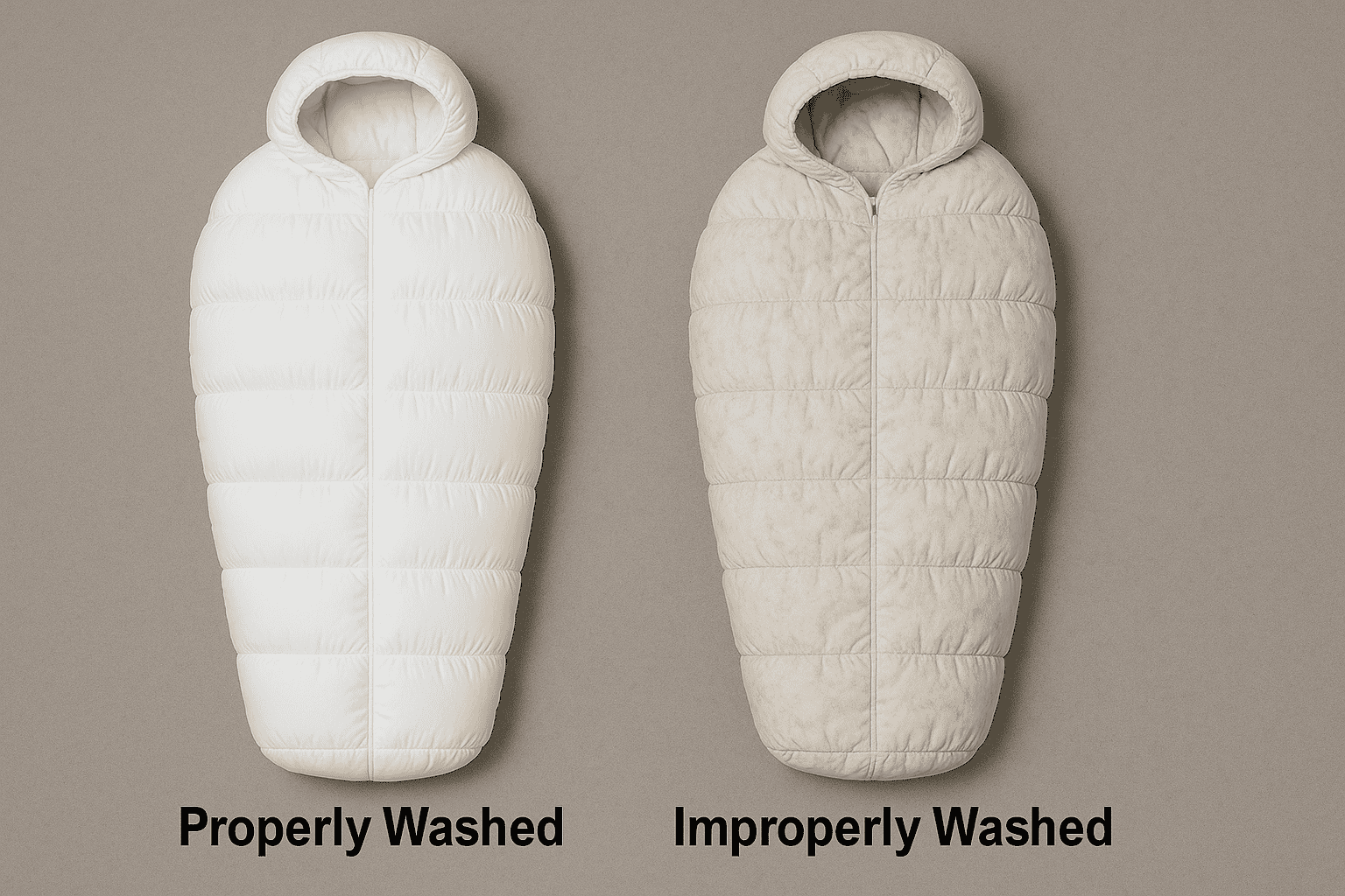 comparison of properly vs improperly washed down sleeping bags