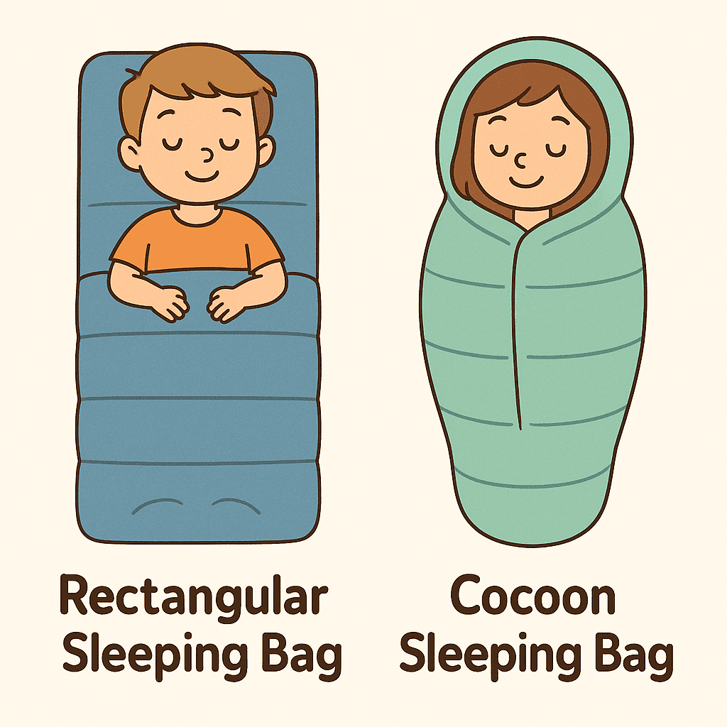 comparison of rectangular and cocoon sleeping bags with children demonstrating proper use