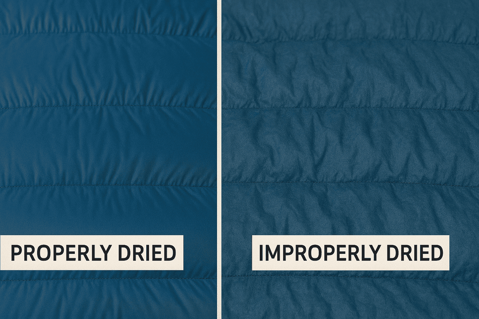 comparison photos showing properly vs improperly dried down sleeping bag sections