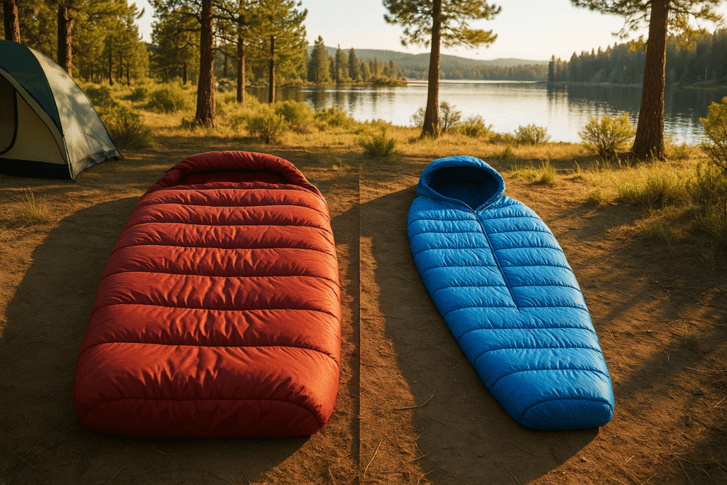 Best 5 Lightweight Hooded Sleeping Bags for Summer Camping 1 comparison showing a traditional sleeping bag versus a lightweight hooded model in a summer camping setting
