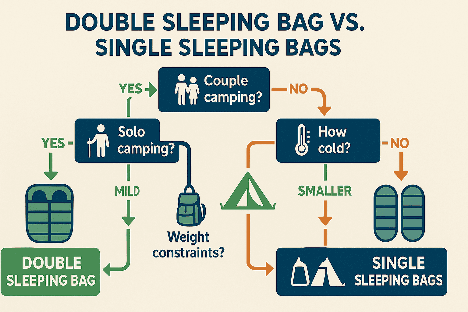 decision pathways for choosing between double and single sleeping bags based on different use cases