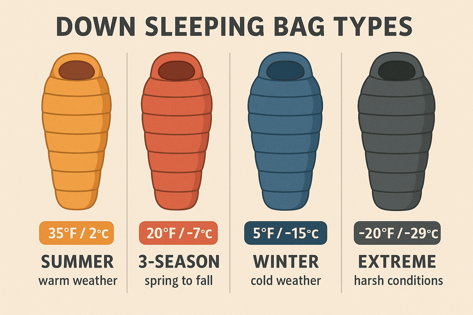 different down sleeping bag types with temperature ratings and recommended uses.