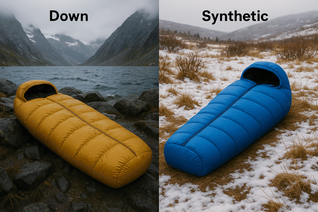 down and synthetic sleeping bags in various outdoor conditions