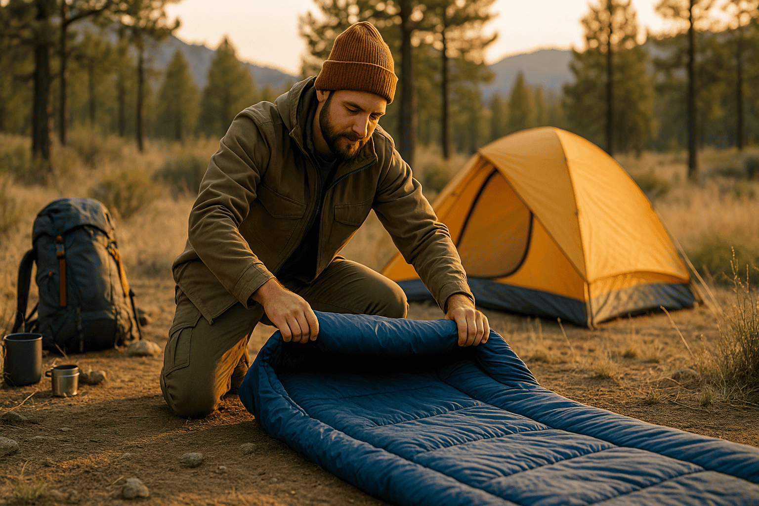 hiker unrolling envelope sleeping bag at campsite