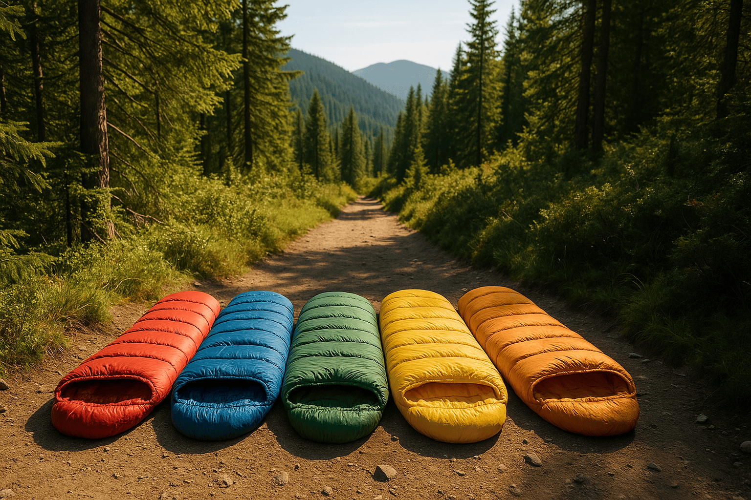 lineup of different colored sleeping bags on trail