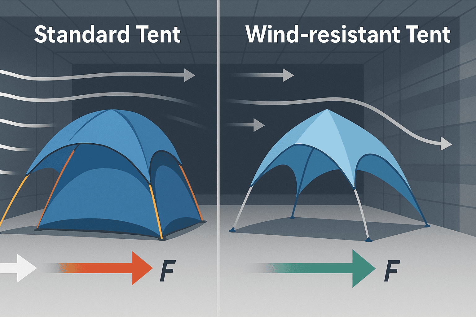 standard vs wind resistant beach tents in a wind tunnel test with force diagrams