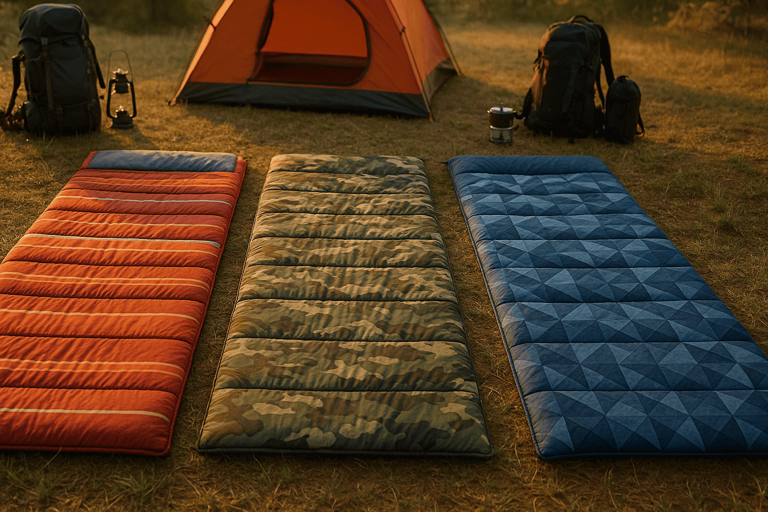 three different rectangular sleeping bags unrolled to show their designs with camping gear in the background