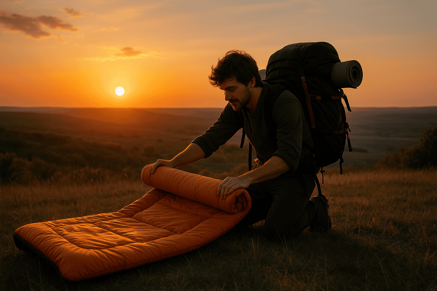 Backpacker unrolling an envelope sleeping bag at sunset