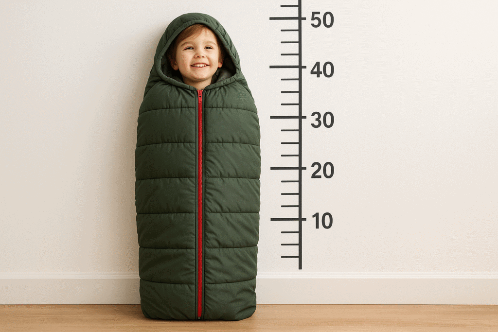 Kids Sleeping Bag Sourcing: Not Just a Shorter Adult Bag 1 Child being measured for sleeping bag with height chart overlay