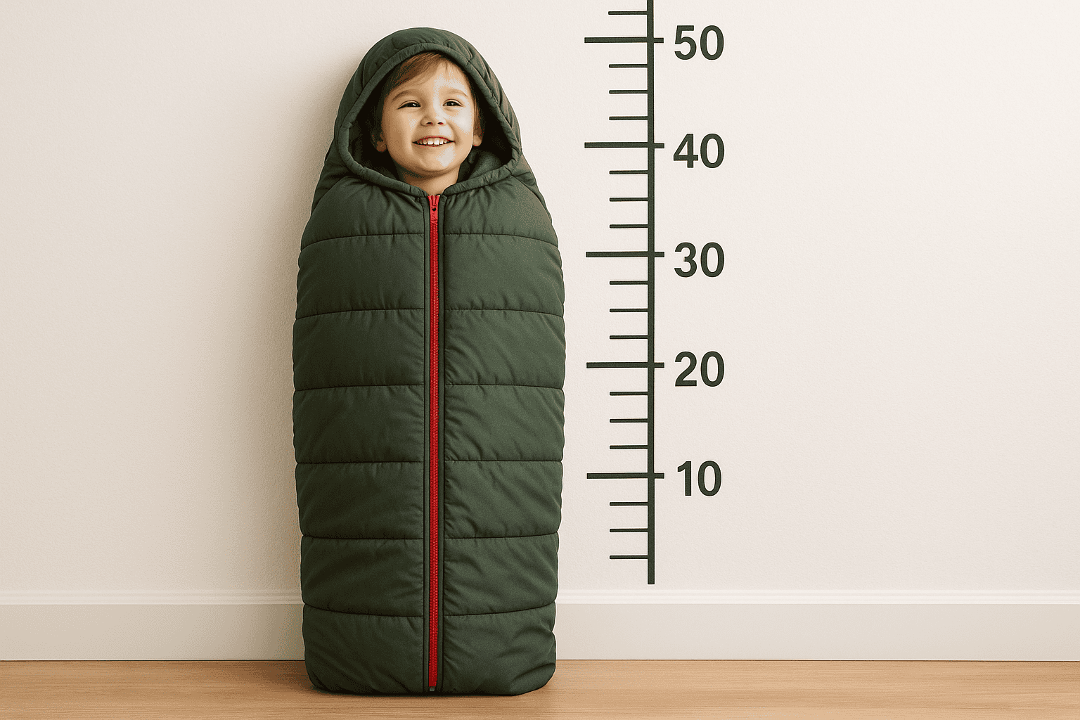 Child being measured for sleeping bag with height chart overlay