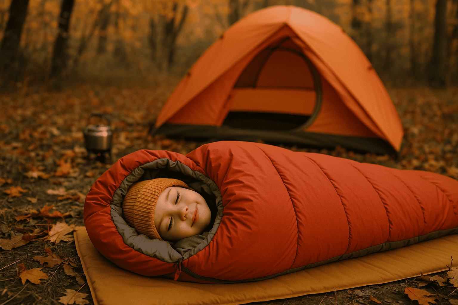 Child comfortably sleeping in mummy shaped bag during autumn camping