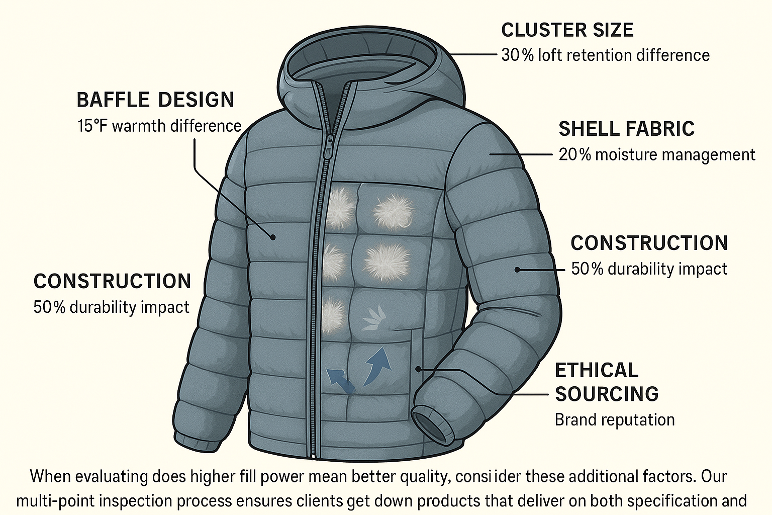 Cutaway diagram of down jacket showing multiple performance factors