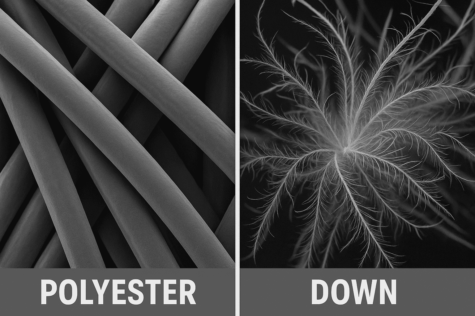 Microscopic comparison of polyester vs. down fiber structures under magnification