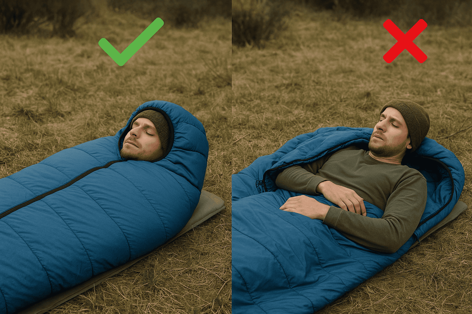 Side by side comparison of properly and improperly used sleeping bags in field conditions