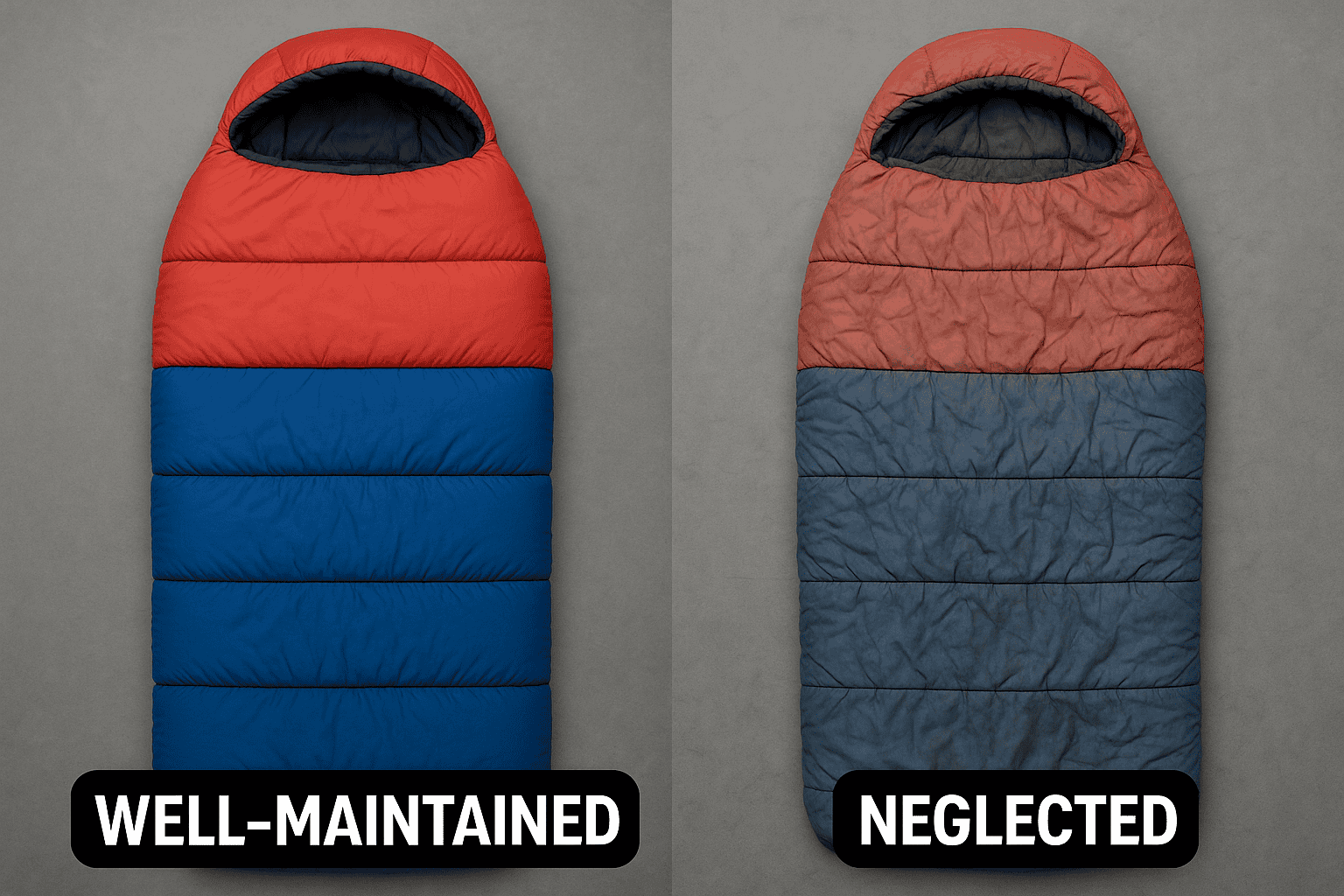 Side by side comparison of well maintained vs neglected 3 season kids sleeping bag