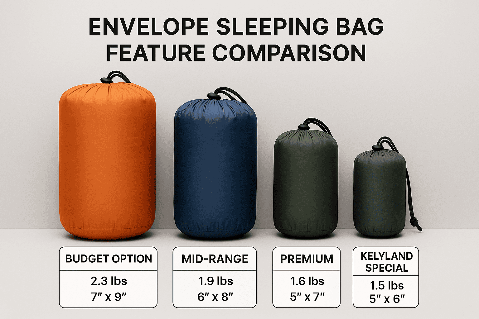 comparison of packed envelope sleeping bags showing size differences