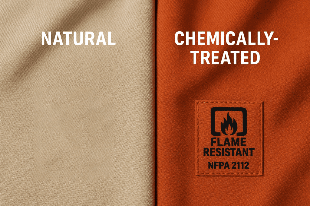 natural vs. chemically-treated flame-resistant fabrics with safety certification labels visible