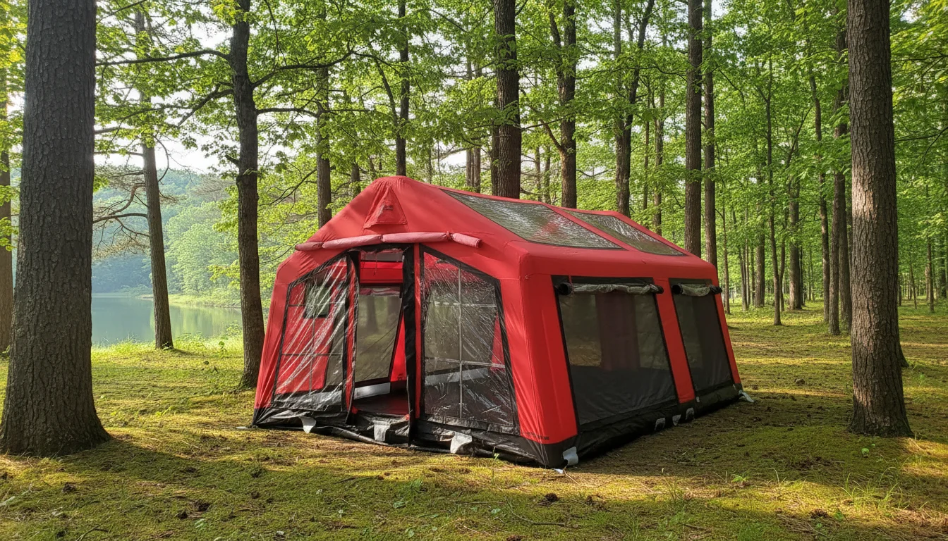 A red camping tent set among tall trees in a peaceful forest near a lake, surrounded by green foliage.
