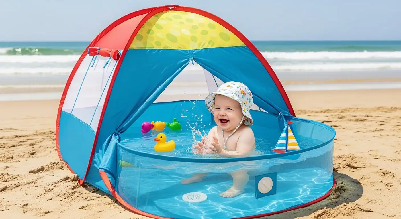 Baby enjoying a small inflatable pool on the sandy beach with ocean in background.