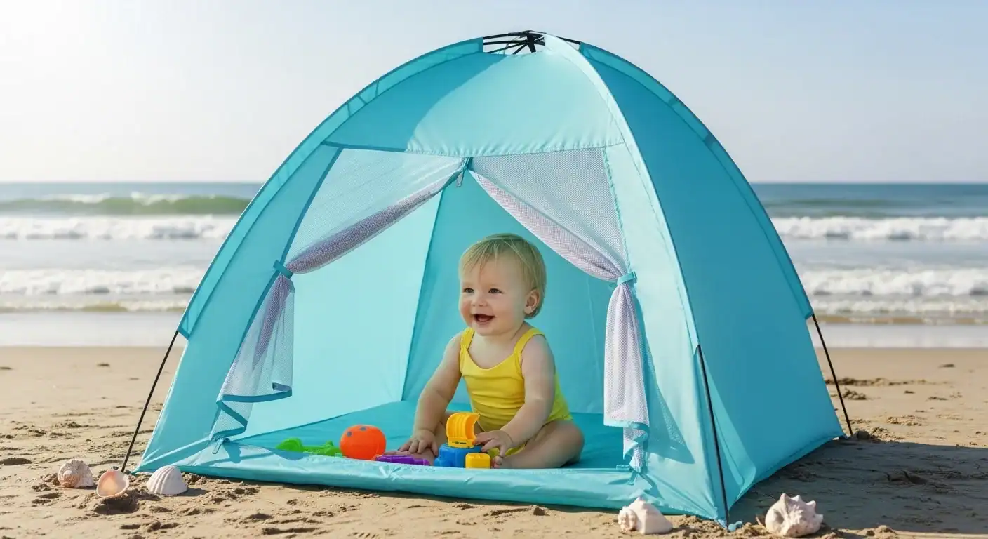 Jeune enfant jouant joyeusement à l'intérieur d'une tente de plage sur le bord de sable.