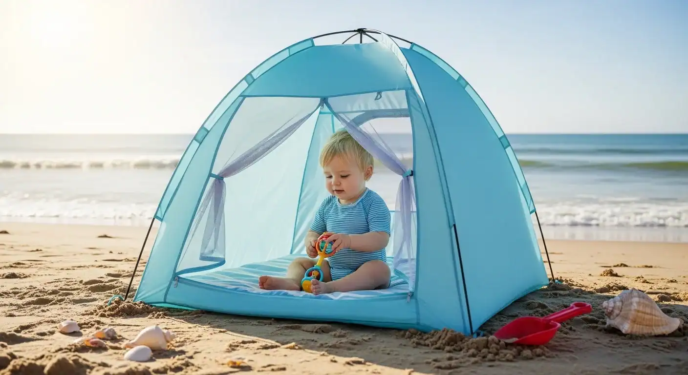 Kids camping tent on sandy beach with ocean in background, perfect for outdoor adventures and family.