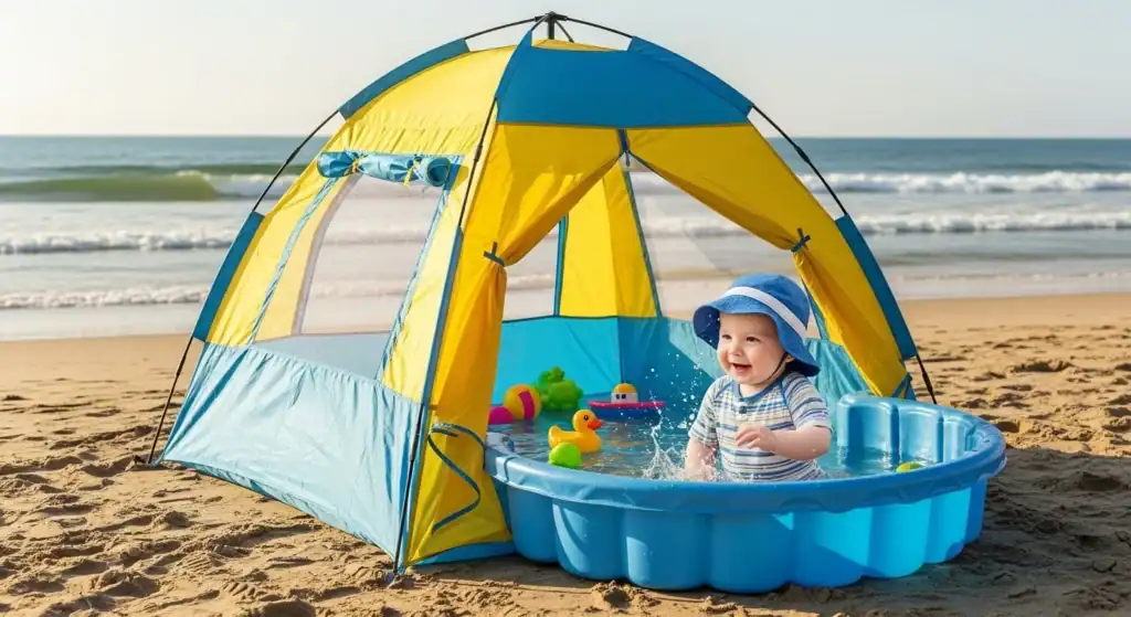 A smiling baby wearing a hat playing with toys in a small pool under a beach tent by the ocean