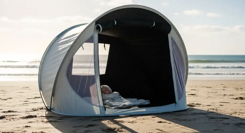 A baby sleeps inside a light-colored beach tent with mesh windows, set on sandy shore with waves in the background, highlighting outdoor sun protection and camping convenience