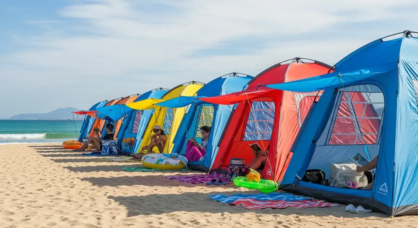 Colorful beach tents set up on sandy shore at Kelyland Outdoors.