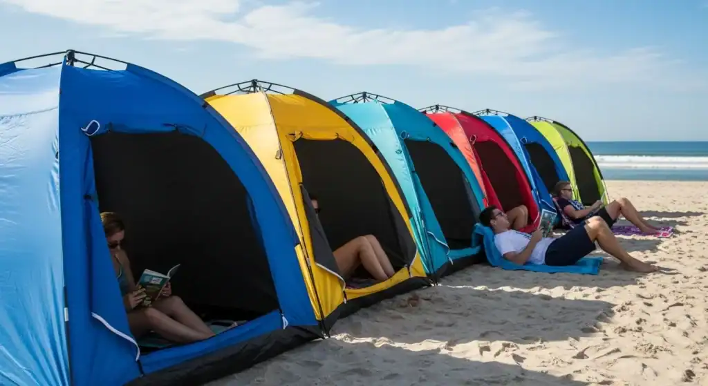 Row of colorful camping tents set up on a sandy beach with several people inside and outside the tents reading books and enjoying the sun