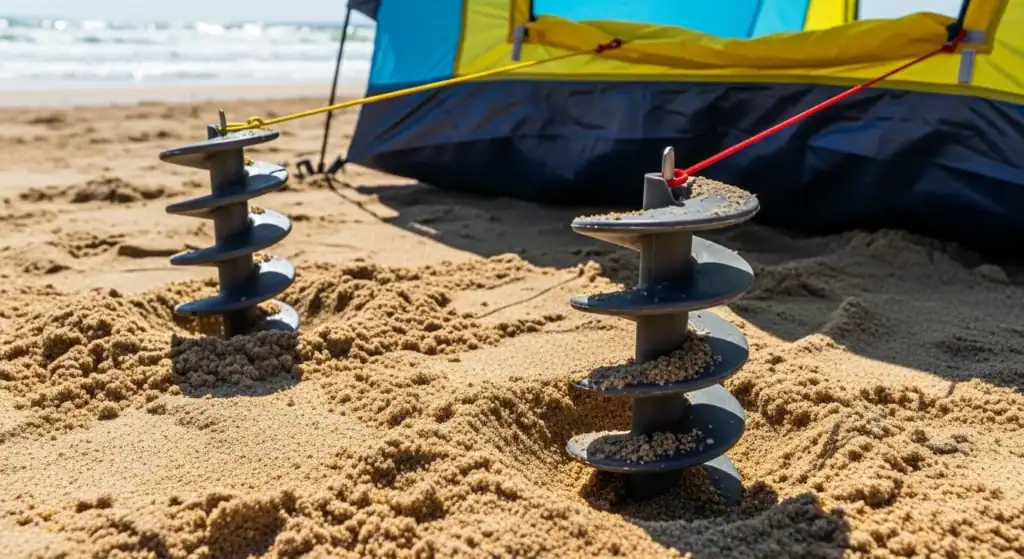 Two metal screw-style tent anchors holding a blue and yellow camping tent firmly in sandy beach conditions under sunlight