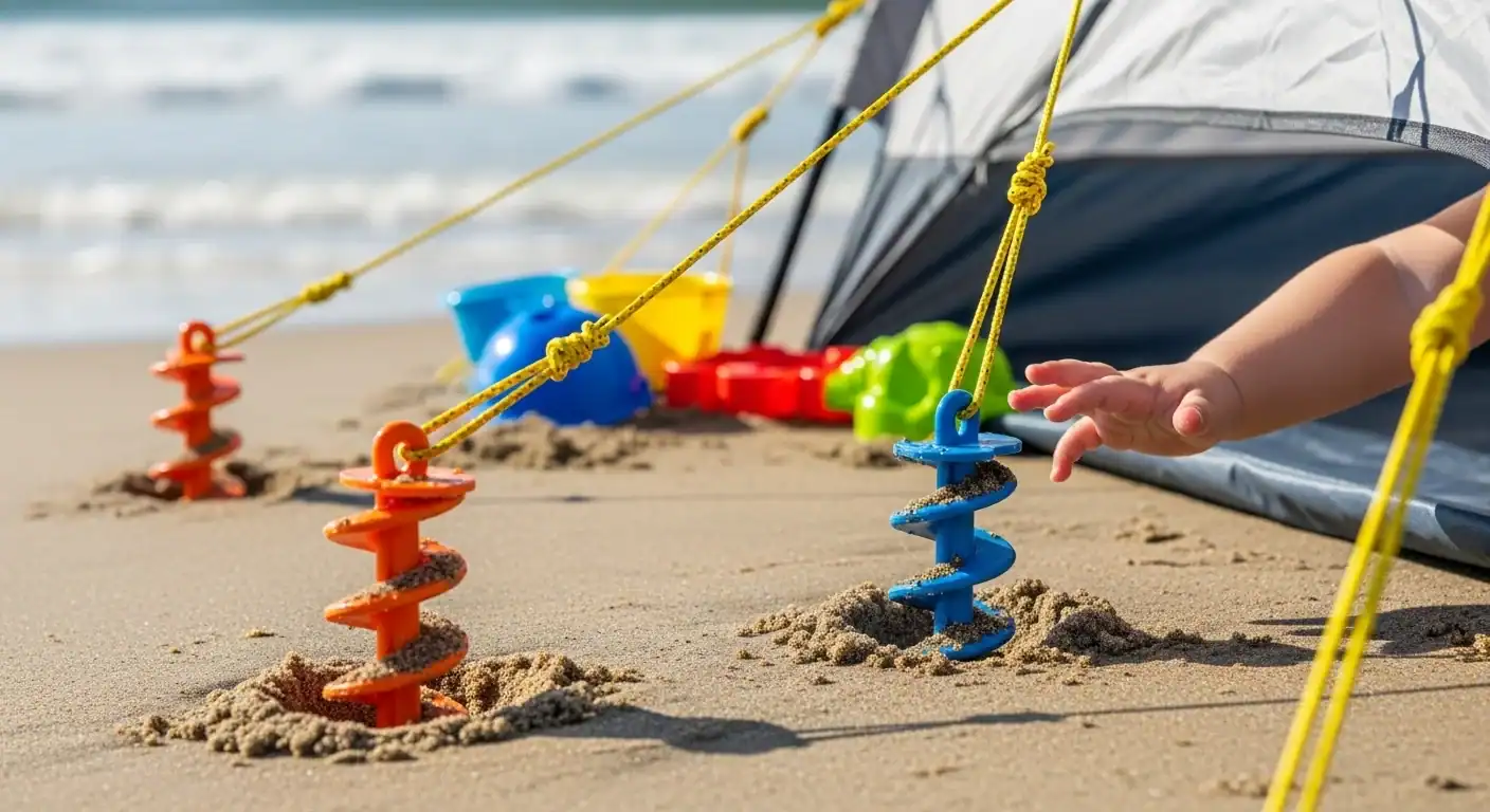 Tent Fly Water Pooling Fix: Cut Returns with Setup Order 17 Child's hand adjusting colorful sand anchors at the beach tent.