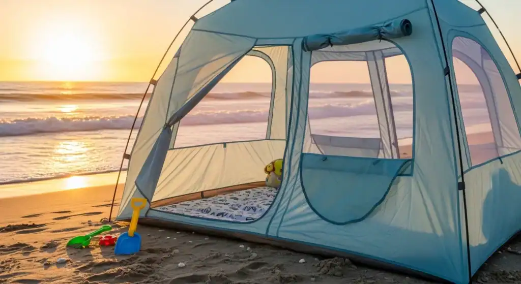 Camping tent set up on the beach at sunset with beach toys (shovel, rake, and bucket) nearby, creating a family-friendly atmosphere.